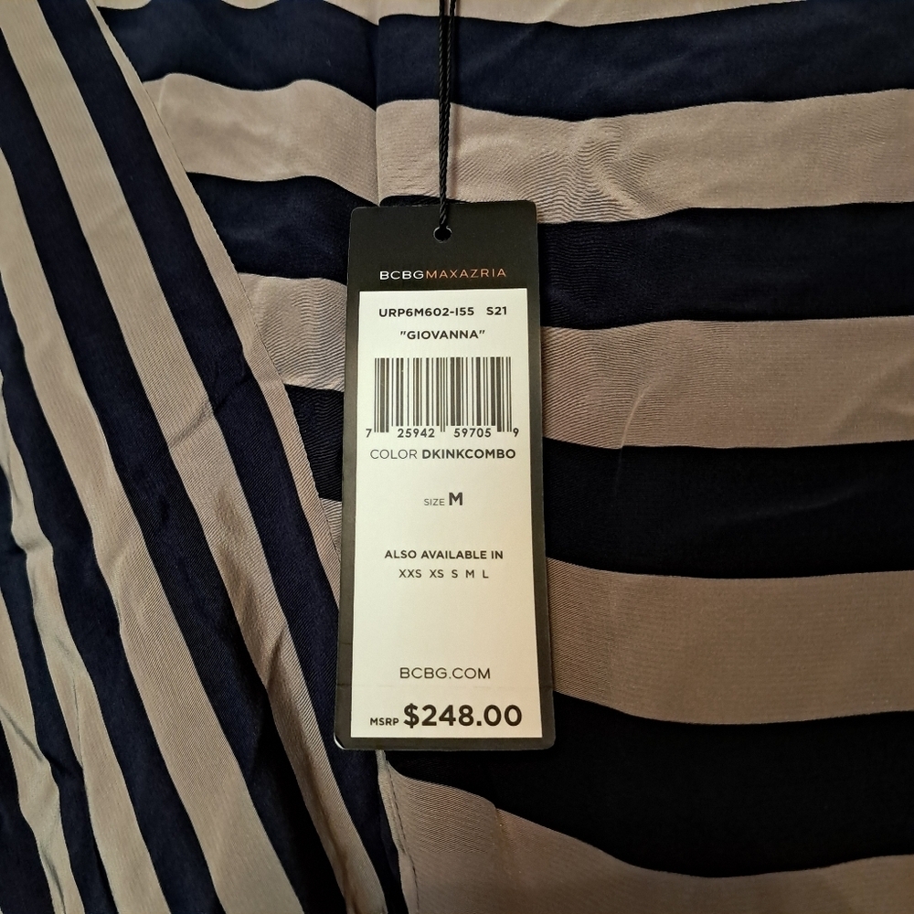 BCBGMAXAZRIA Giovanna Tan And Navy Stripped Silk Dress Size Medium NWT - Picture 9 of 9
